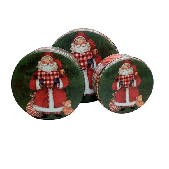 Vintage Christmas Santa Nesting Metal Tins Teddy Bear Plaid Retro Holiday Decor - Picture 4 of 16